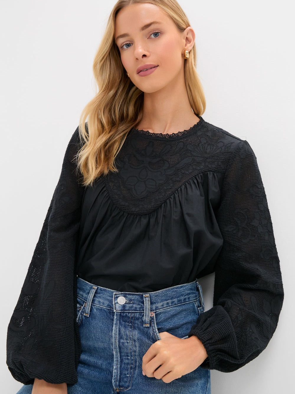 Tuckernuck Women’s Medium Cressida Blouse Black Patchwork Embroidered Crochet